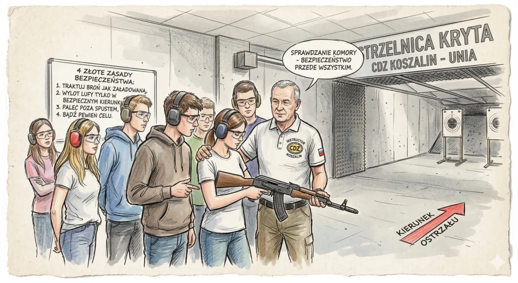 Instruktor CDZ Koszalin prowadzi szkolenie strzeleckie EdB dla uczniów na strzelnicy krytej