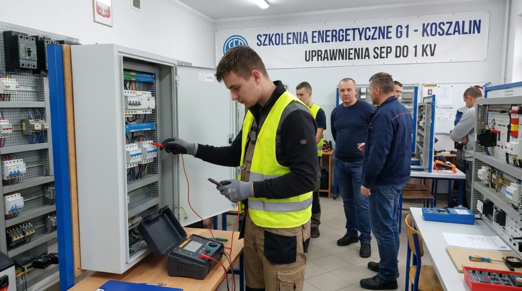 Elektryk wykonujący pomiary kontrolne podczas szkolenia energetyczne G1 Koszalin