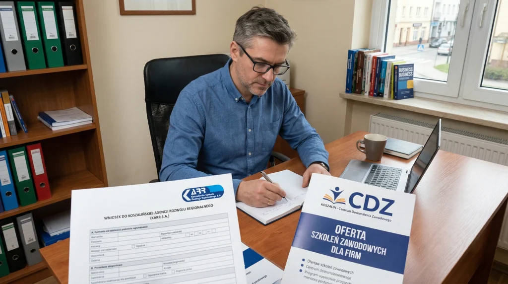 Przedsiębiorca analizuje Koszalińska Agencja Rozwoju Regionalnego wnioski i ofertę CDZ Koszalin