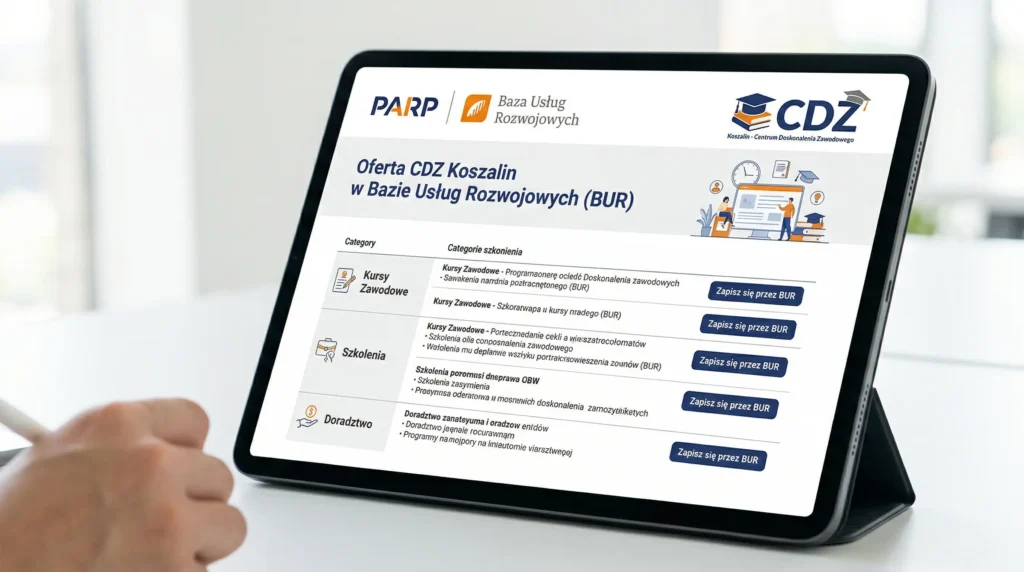 Logotyp Bazy Usług Rozwojowych i oferta CDZ Koszalin na ekranie tabletu