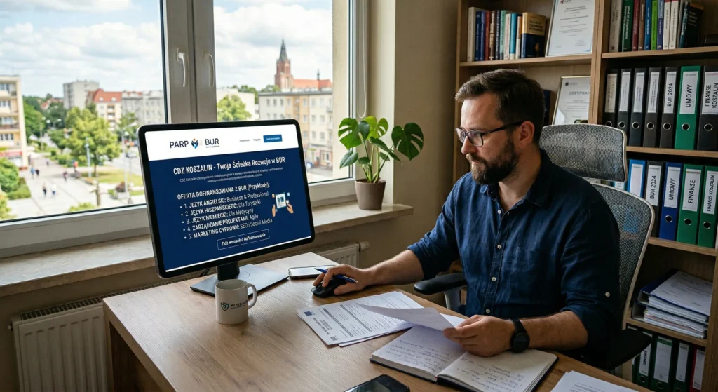 Przedsiębiorca z Koszalina analizuje dofinansowanie na szkolenia z BUR w Koszalinie przy komputerze
