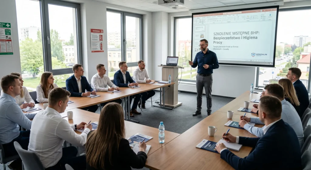 Instruktor prowadzi Szkolenie wstępne BHP dla nowo zatrudnionych pracowników