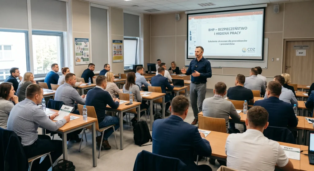 Profesjonalne Szkolenie BHP dla pracodawców i pracowników w sali wykładowej CDZ Koszalin