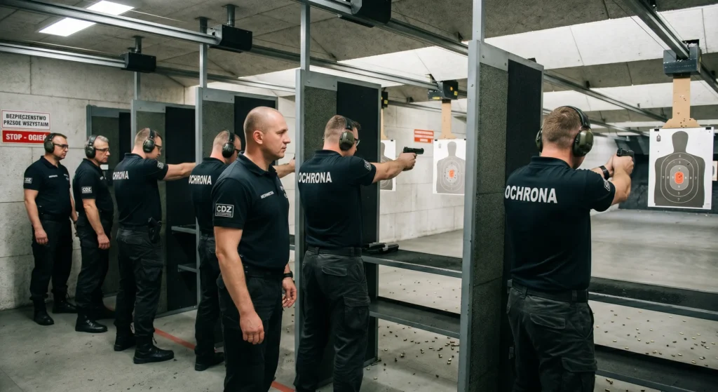 Zajęcia na strzelnicy podczas szkolenia dla pracowników ochrony w CDZ