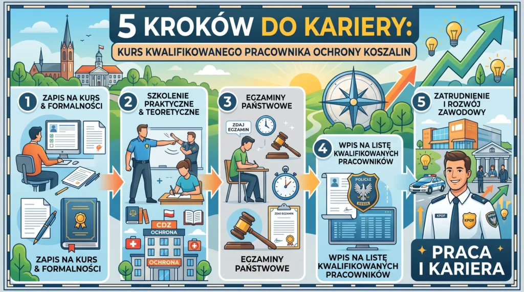 obrazek wyróżniający do bloga branżowego pod tytułem 5 kroków do kariery Kurs kwalifikowanego pracownika ochrony Koszalin