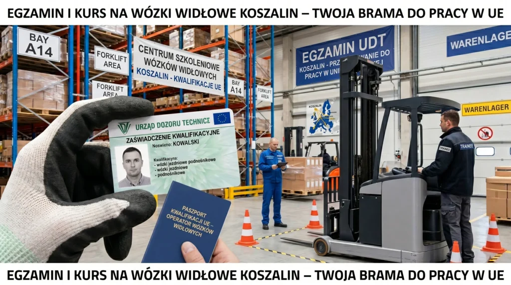 Polskie uprawnienia UDT za granicą – karta kwalifikacyjna operatora na tle magazynu logistycznego