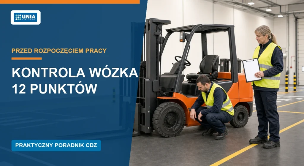 Kontrola wózka widłowego – Operator i instruktor wykonujący kontrolę wózka widłowego przed pracą