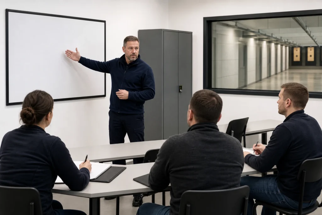 Instruktor prowadzący bezpieczne szkolenie teoretyczne przed egzaminem na dopuszczenie do posiadania broni