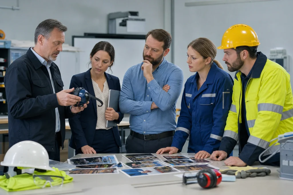 Instruktor BHP prowadzący praktyczny instruktaż dla pracowników reprezentujących różne stanowiska