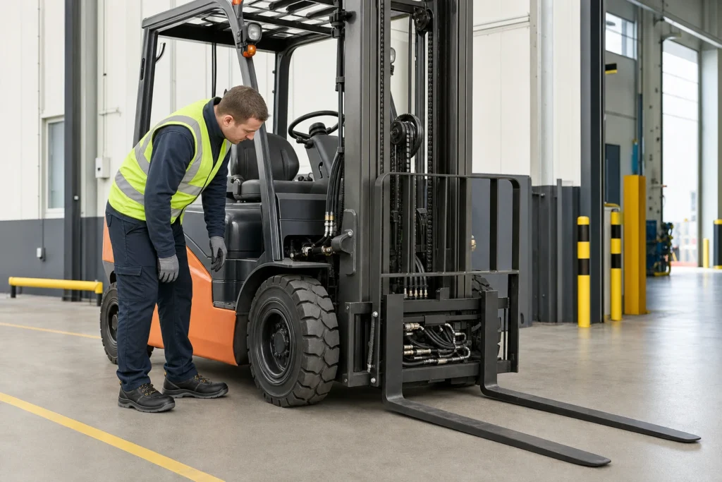 Operator sprawdzający koła, widły i przewody hydrauliczne bezpiecznie zaparkowanego wózka