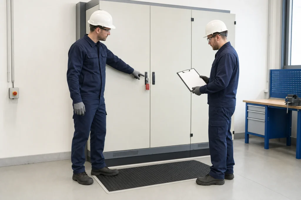 Elektryk i osoba nadzorująca omawiający zakres pracy przy zamkniętej rozdzielnicy