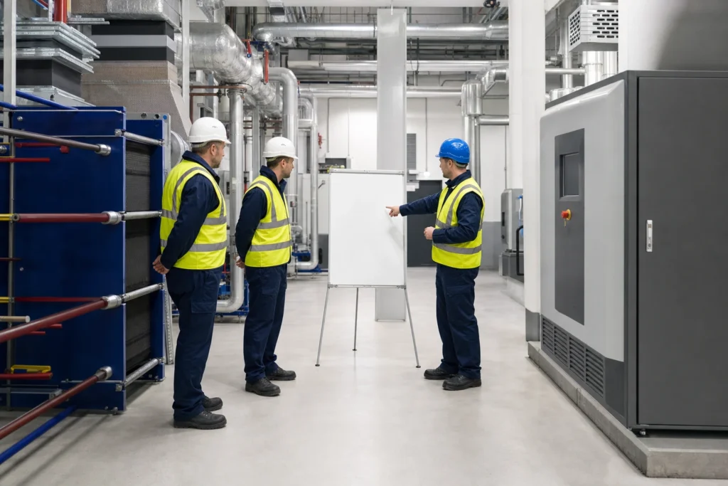 Technicy omawiający bezpieczną eksploatację urządzeń cieplnych i HVAC w maszynowni